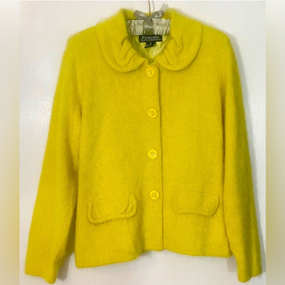 Venesha Angora Fur Sweater Jacket Buttons Soft Yellow Size Small